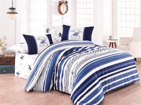Lenjerie de pat pentru o persoana, Blue Stripes, Beverly Hills Polo Club, 3 piese, 160 x 240 cm, 100% bumbac ranforce, alb/albastru