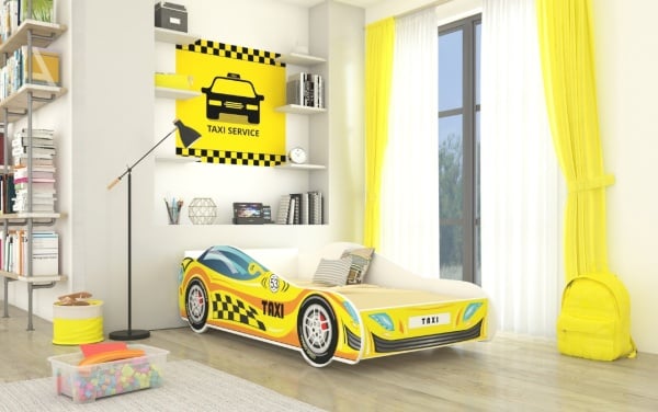 Pat copii cu saltea din spuma si somiera incluse, Taxi, ADRK Furniture