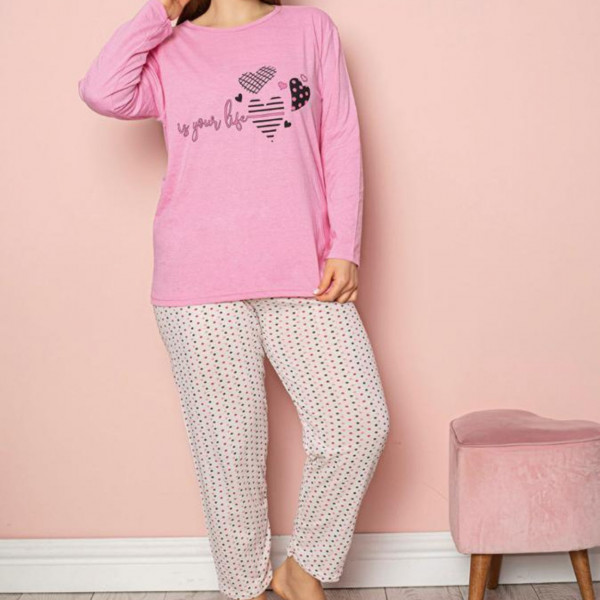 Pijama dama, marimi mari, bumbac, roz / crem, PF-226