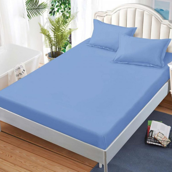 Set Husa de Pat cu Elastic si 2 Fete de Perna, Bumbac Tip Finet, Uni, Pat 2 Persoane, Bleu, HBFJ-139