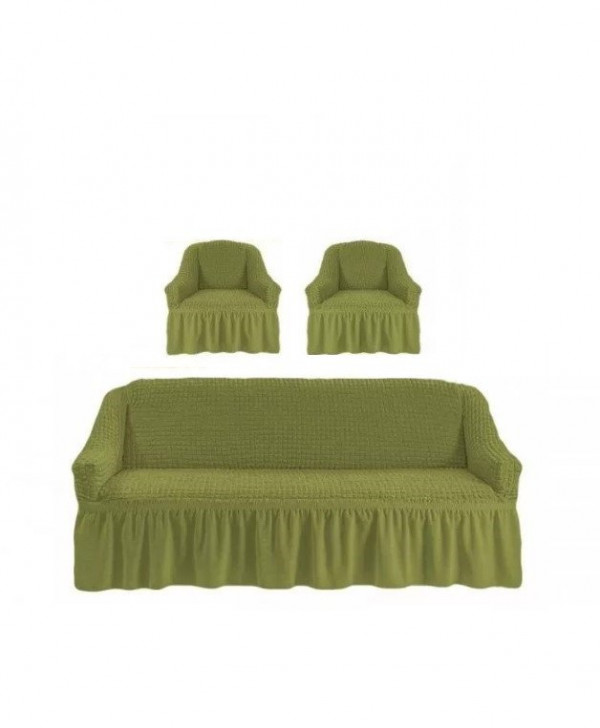 Set huse elastice si creponate pentru canapea 3 locuri si 2 fotolii, cu volane, verde, HC-01-VD