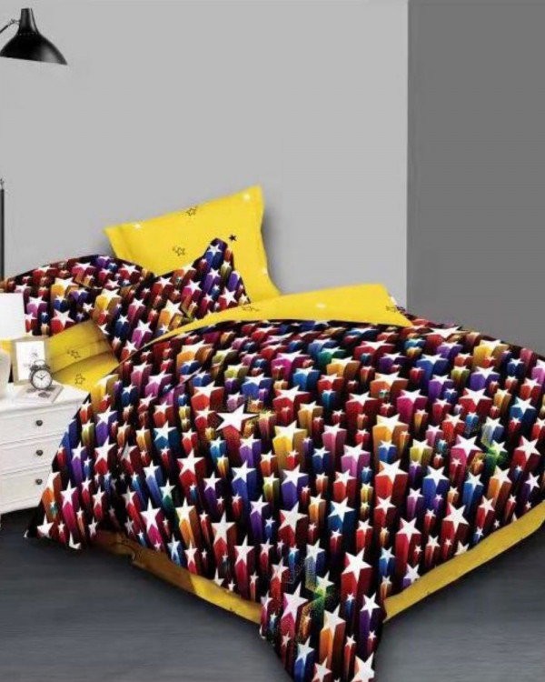 Set Lenjerie de Pat, Bumbac Tip Finet Satinat, 6 Piese, Pat 2 Persoane, Negru / Rosu, Multicolor Stars, FNY-261