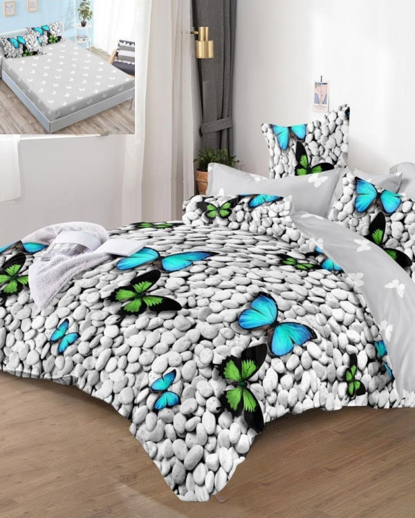 Set lenjerie de pat cu elastic, bumbac tip finet, 6 piese, pat 2 persoane, alb / albastru, FNE-22