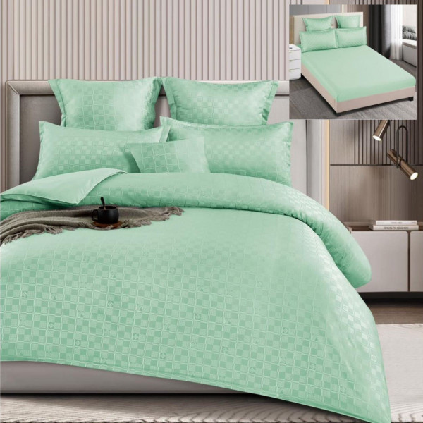 Set lenjerie de pat cu elastic, model embosat, tesatura tip finet, 6 piese, pat 2 persoane, verde menta, T4-03 - Img 1