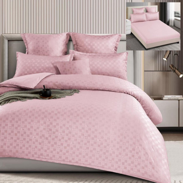 Set lenjerie de pat cu elastic, model embosat, tesatura tip finet, 6 piese, pat 2 persoane, roz, T4-13