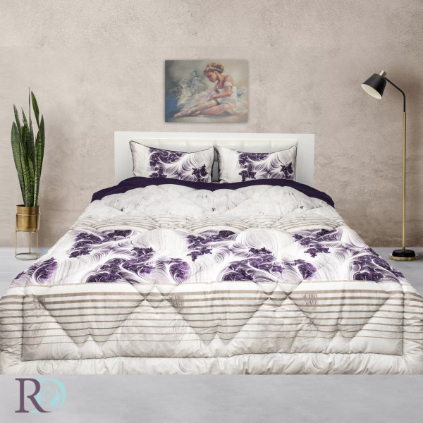 Set lenjerie de pat cu pilota inclusa, 100% bumbac, tesatura satin, alb / violet, Roxyma Dream Fiorella