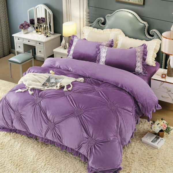 Set Lenjerie de Pat din Catifea, Cu Broderie, 4 Piese, Pat 2 Persoane, Mov, CCJ-05