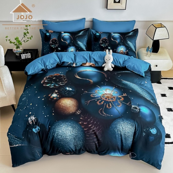 🎄 Lenjerie de Pat 6 Piese Crăciun Albastră | Globuri Aurii & Albastre | Imprimeu Digital 5D | Finet | Jojo Home