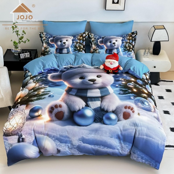 🎄 Lenjerie de Pat 6 Piese Crăciun Albastru | Ursuleț Polar cu Eșarfă | Imprimeu Digital 5D | Finet | Jojo Home