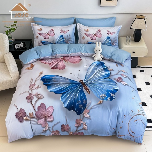 🦋 Lenjerie de Pat 6 Piese Bleu | Fluturi & Flori Roz | Imprimeu Digital 5D | Finet Catifelat | Jojo Home