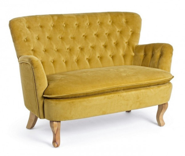 Canapea cu 2 locuri capitonata galben mustar din stofa si lemn de Pin, Orlins Bizzotto
