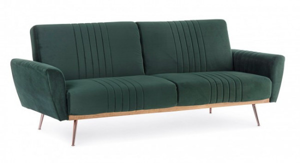 Canapea extensibila cu 3 locuri verde inchis din catifea si lemn de Eucalipt, 210 cm, Johnny Bizzotto