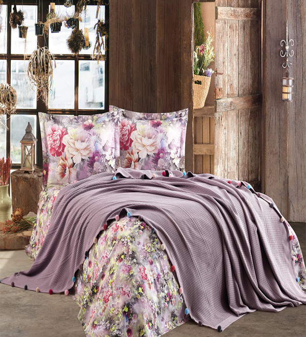 Cuvertura de Pat + Lenjerie Violet, Lila, 4 Piese, Bumbac