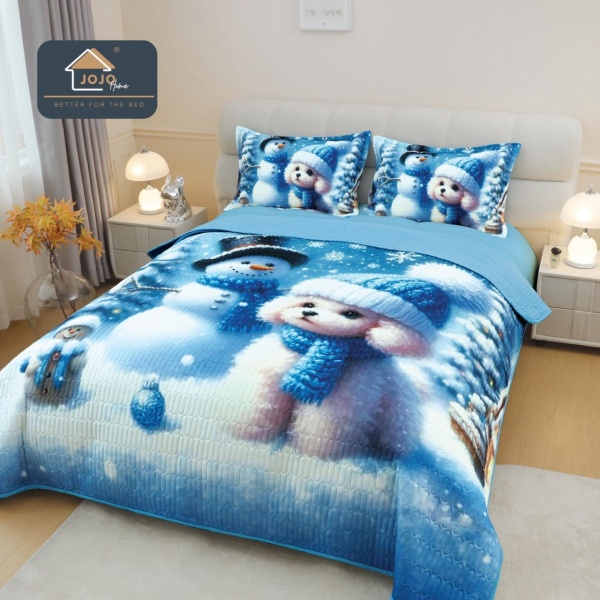 Cuvertură de Pat Matlasată 5D Crăciun Albastru | Puppy & Om de Zăpadă | 3 Piese | Finet Catifelat | PatulMeu