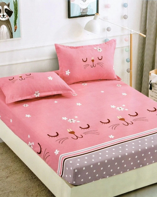 Husa de pat cu elastic + 2 fete de perna pentru pat dublu, bumbac tip finet, roz, HBF-26