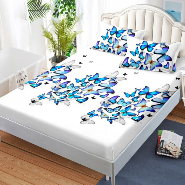 Husa de pat cu elastic si 2 fete de perna, bumbac tip finet, pat 2 persoane, alb / albastru, HBFJ-171