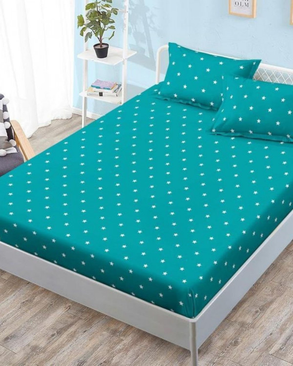 Husa de Pat cu Elastic si 2 Fete de Perna, Bumbac TIp Finet, Pat 2 Persoane, 3 Piese, Turquoise, HBFJ-90