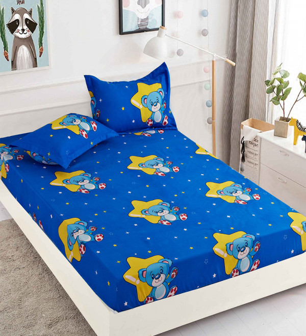 Husa de pat cu elastic si 2 fete de perna pentru pat dublu, albastru / galben, HBF-157
