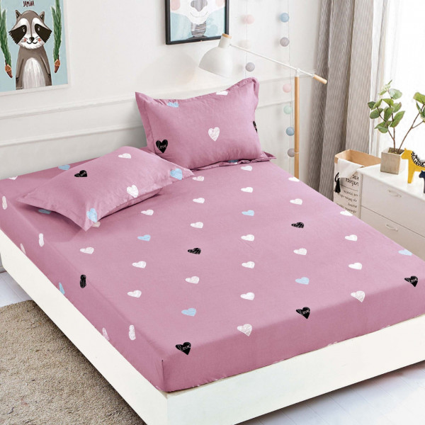Husa de pat cu elastic si 2 fete de perna, tesatura tip finet, pat 2 persoane, roz, HBF-201