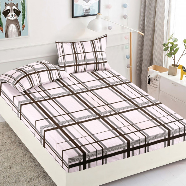 Husa de pat cu elastic si 2 fete de perna, tesatura tip finet, pat 2 persoane, roz pudra / negru, 3 piese, HBF-242