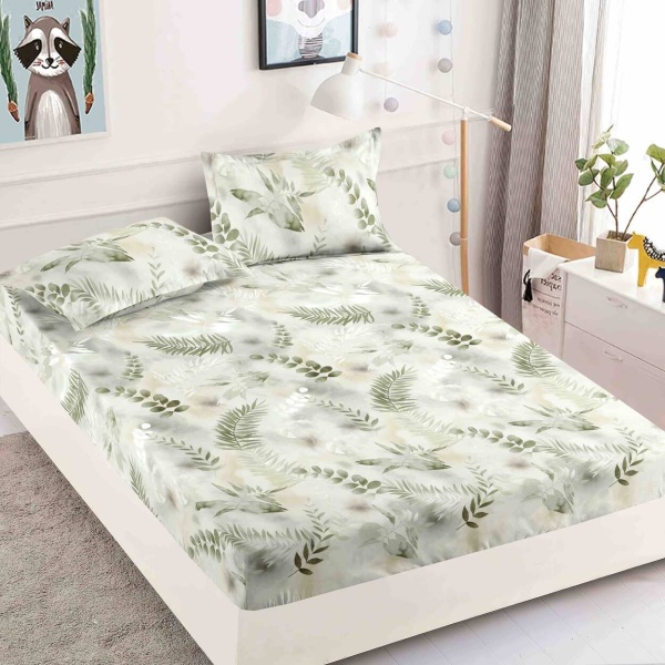 Husa de pat cu elastic si 2 fete de perna, tesatura tip finet, pat 2 persoane, gri / verde, HBF-271