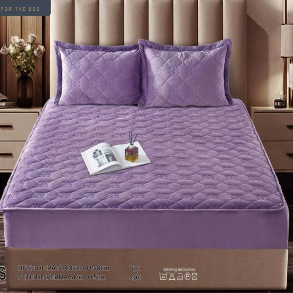 Husa de pat matlasata si 2 fete de perne din catifea, cu elastic, model tip topper, pentru saltea 140x200 cm, mov, HTC-30 - Img 1