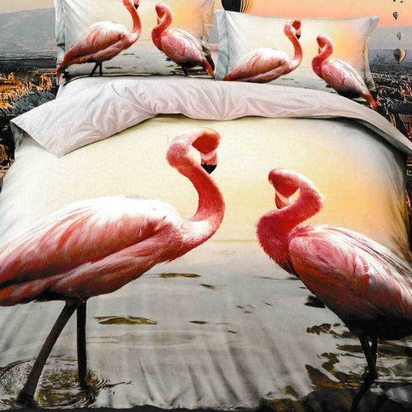 Lenjerie 3D Bumbac Satinat Superior - 4 Piese - Pat 2 Persoane - Flamingos