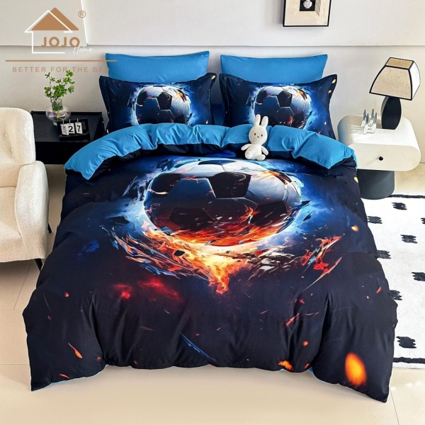 Lenjerie de Pat 5D Finet Albastru „Minge de Fotbal în Flăcări” | 6 Piese | Imprimeu Digital | Pat 2 Persoane | JOJO HOME