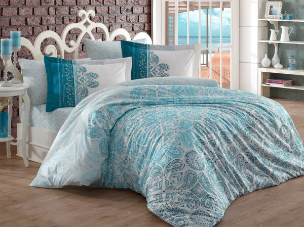 Lenjerie de Pat Bumbac 100% Poplin - Pat 2 Persoane - Hobby Home - Irene Turquoise - HBP-16