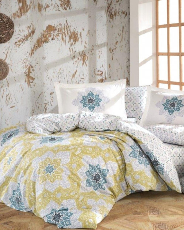 Lenjerie de pat, bumbac poplin 100%, alb / galben, 4 piese, HBP-90