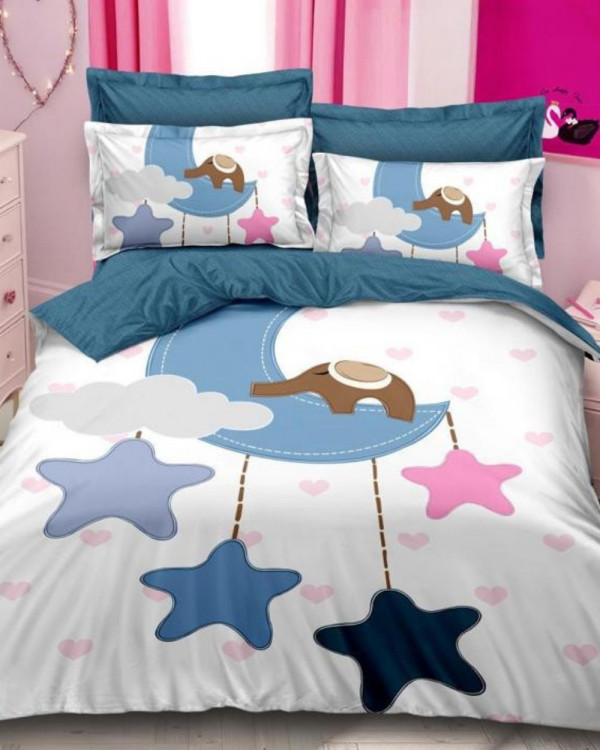 Lenjerie de pat cu 2 fete, imprimeu 3D, tesatura tip finet, pat 2 persoane, alb / albastru, 6 piese, A2-15