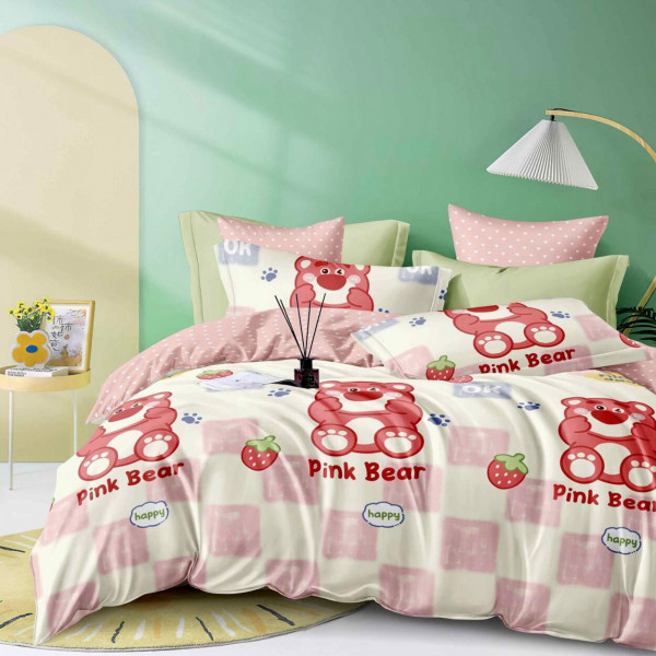 Lenjerie de pat cu 2 fete, tesatura tip finet, 4 piese, pat 1 persoana, alb / roz, FNJ1-236
