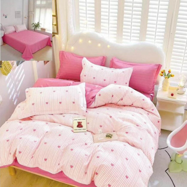 Lenjerie de pat cu 2 fete, tesatura tip finet, pat 2 persoane, 6 piese, roz, R60-499