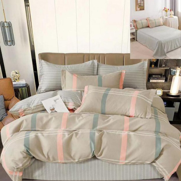 Lenjerie de pat cu 2 fete, tesatura tip finet, pat 2 persoane, 6 piese, gri / cappuccino, R60-501