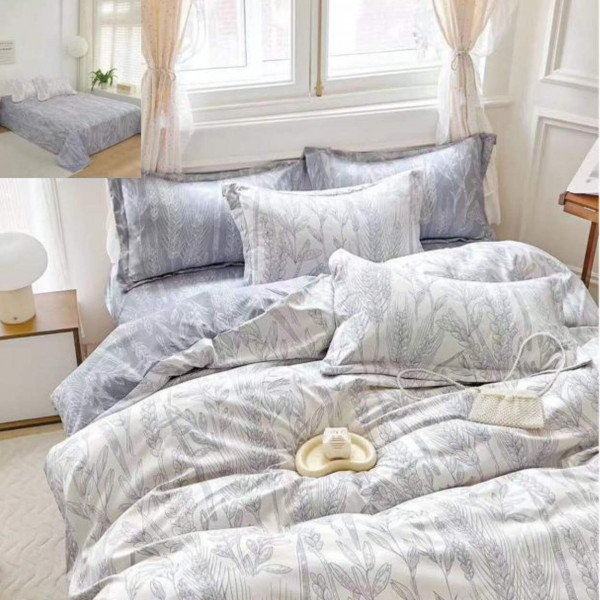 Lenjerie de pat cu 2 fete, tesatura tip finet, pat 2 persoane, 6 piese, alb / albastru, R60-511