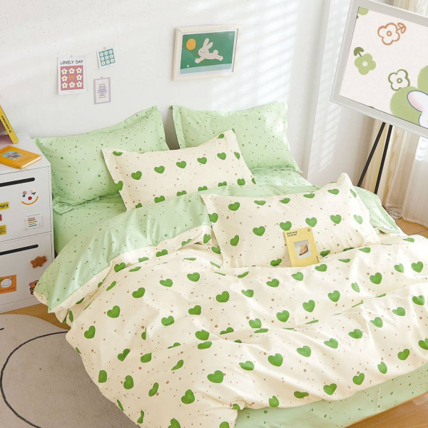 Lenjerie de pat cu 2 fete, tesatura tip finet, pat 2 persoane, 6 piese, crem / verde, R60-525 - Img 1