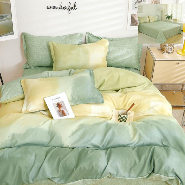 Lenjerie de pat cu 2 fete, tesatura tip finet, pat 2 persoane, 6 piese, galben / verde, R60-541