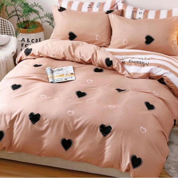 Lenjerie de pat cu elastic, policoton, pat 2 persoane, roz deschis, 4 piese, R4E-01
