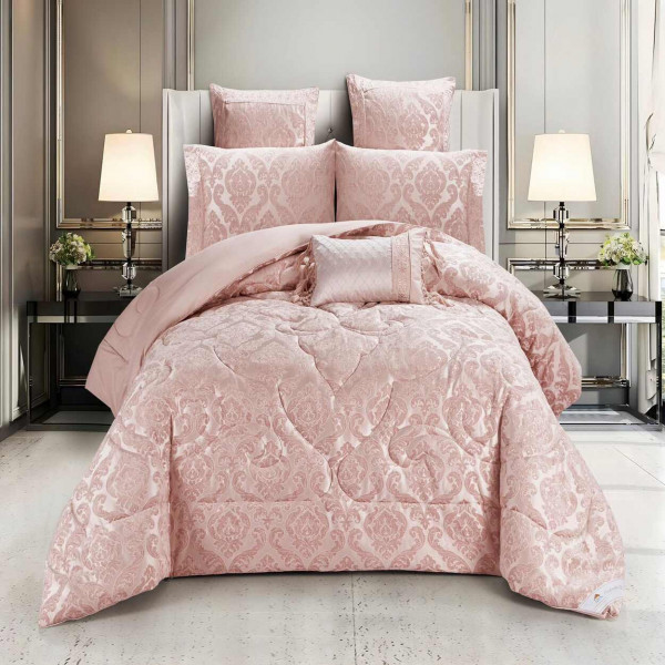 Lenjerie de pat cu elastic si pilota inclusa, bumbac tip jacquard, pat 2 persoane, 7 piese, roz, LPJ-01