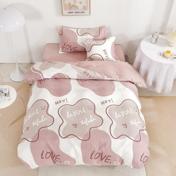 Lenjerie de pat cu elastic, tesatura tip finet, pat 1 persoana, 4 piese, roz inchis / alb, T60-99