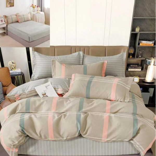 Lenjerie de pat cu elastic, tesatura tip finet, pat 2 persoane, 6 piese, gri / cappuccino, T230 - Img 1