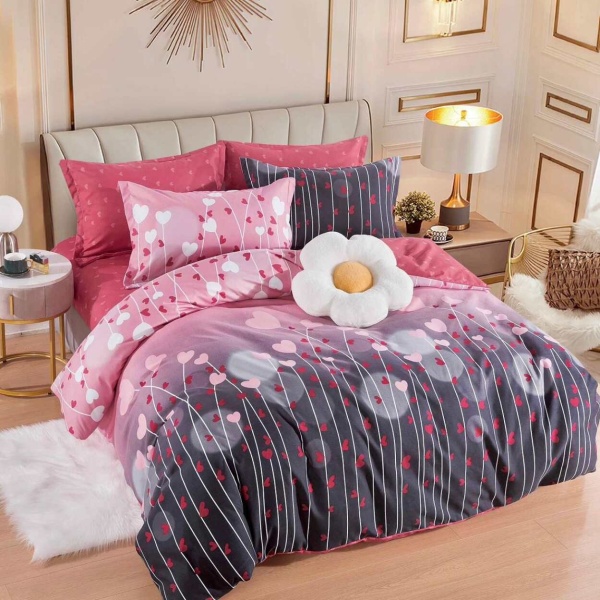 Lenjerie de pat cu elastic, tesatura tip finet, pat 2 persoane, 6 piese, roz, FNJE-164