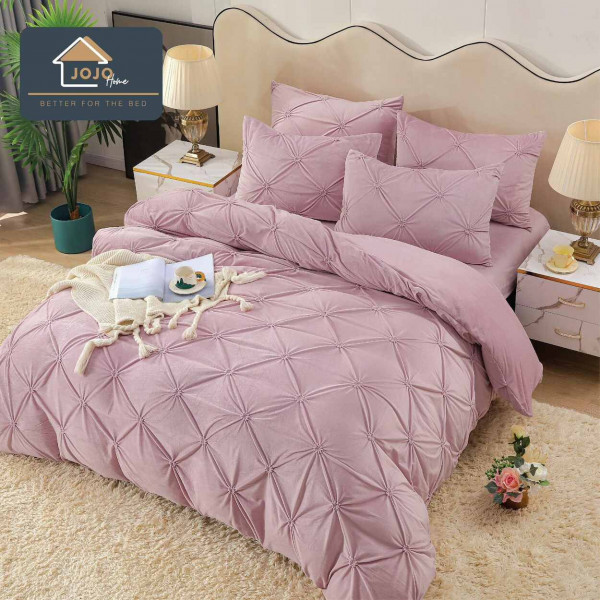 Lenjerie de pat din catifea, cu pliuri, 4 piese, pat 2 persoane, roz, LCPJ-03 - Img 1
