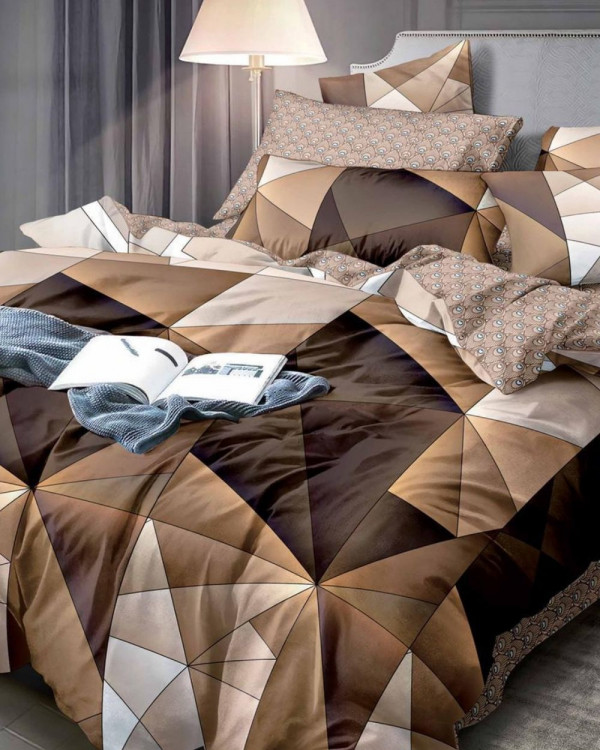 Lenjerie de pat din finet, pat 2 persoane, maro, abstract, 6 piese, FN-417
