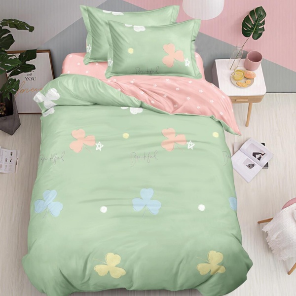 Lenjerie tip finet 1 persoană 4 piese cu husă pilotă cu 2 fete – model trifoi pastel