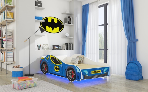 Pat copii cu lumina LED, cu saltea din spuma si somiera incluse, Batcar, ADRK Furniture