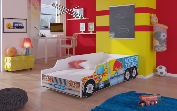 Pat copii cu saltea din spuma si somiera incluse, Monster Truck, ADRK Furniture