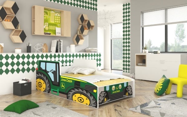 Pat copii cu saltea din spuma si somiera incluse, Tractor Green, ADRK Furniture