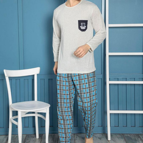 Pijama barbati, bumbac, alb murdar / albastru, PB-77 - Img 1