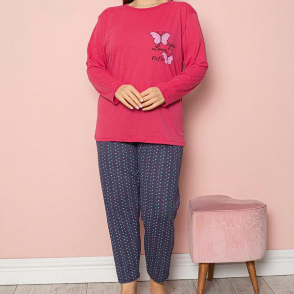 Pijama dama, marimi mari, bumbac, roz aprins / albastru, PF-227 - Img 1